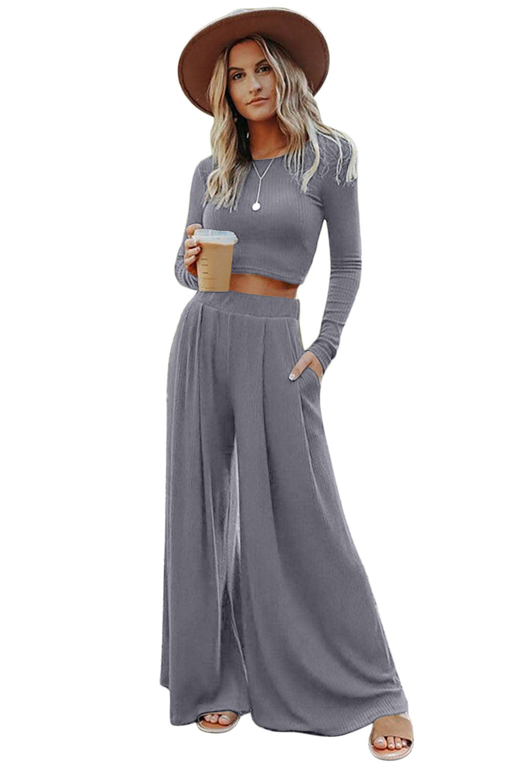 Black Plain Ribbed Crop Top & Wide Leg Pants Two Piece Pants Set