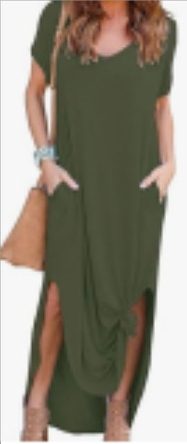 Women's Casual Loose Pocket Long Dress Short Sleeve Split Maxi Dresses