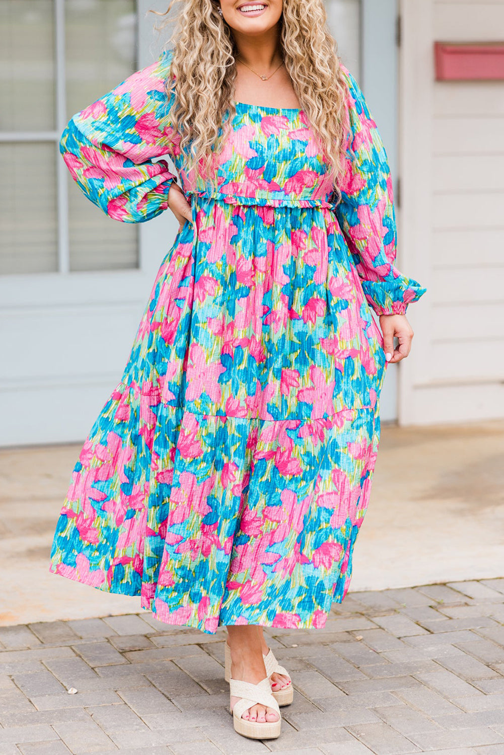 Sky Blue Floral Allover Print Square Neck Plus Size Maxi Dress