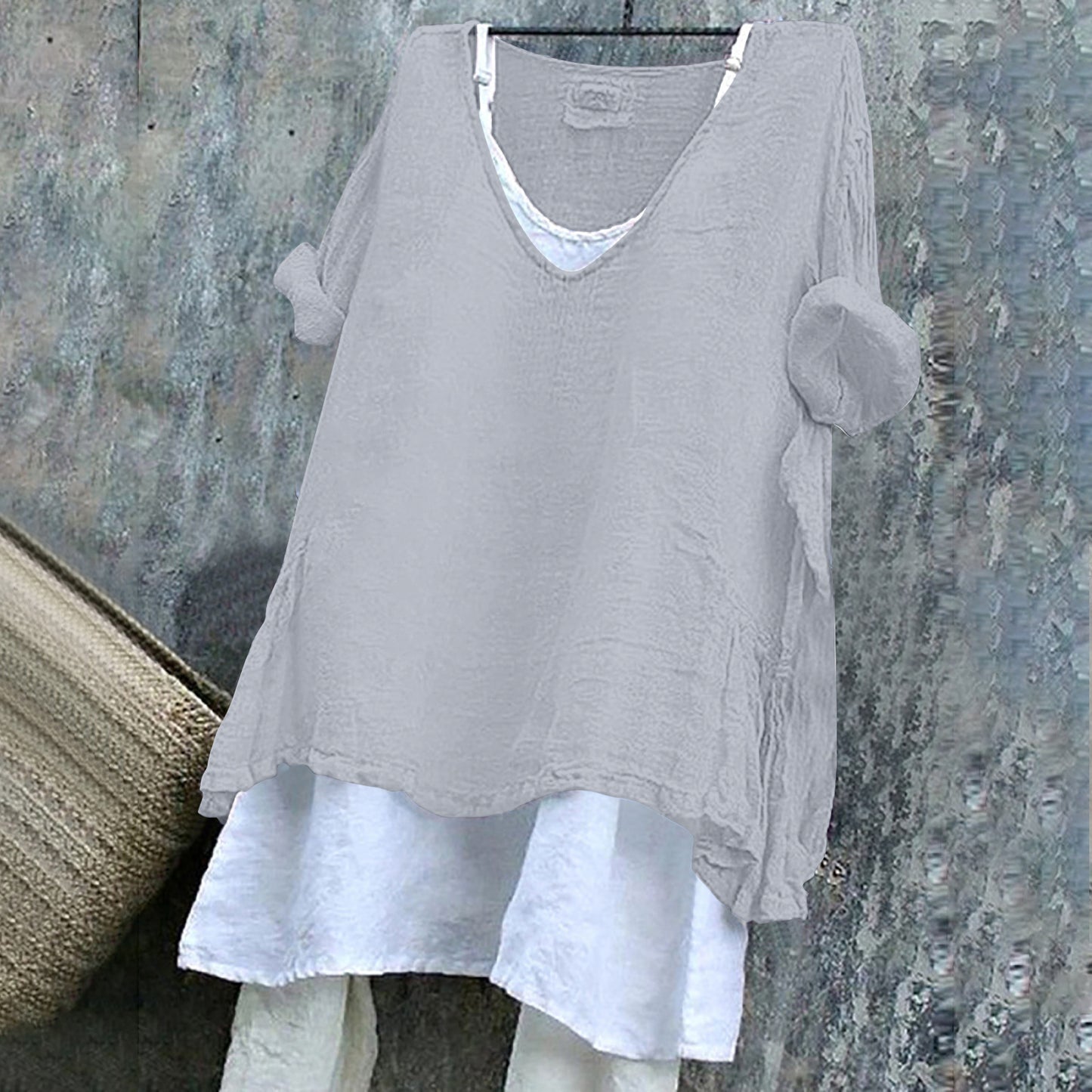 Women's V-neck Short Sleeve Linen Top