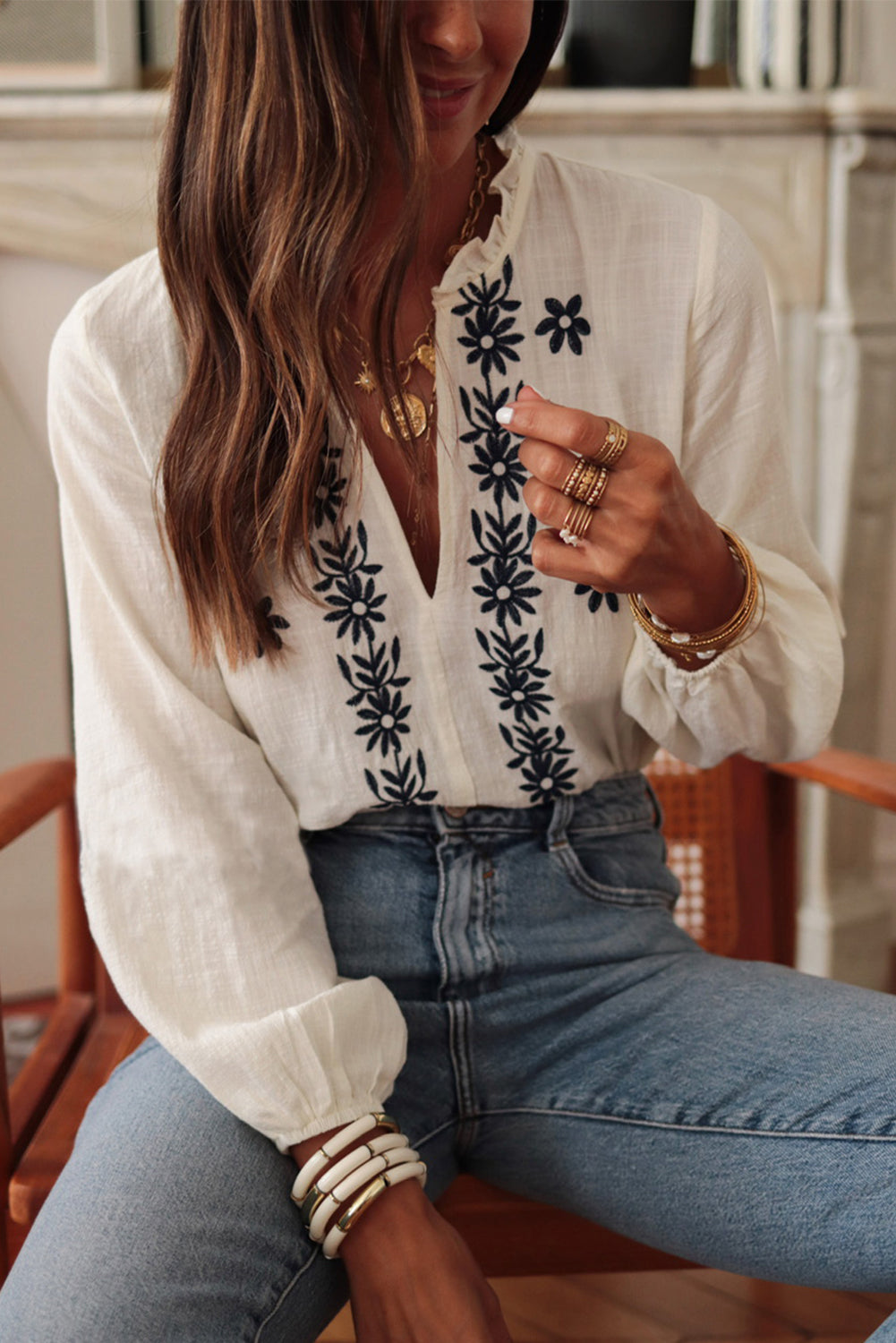 White Floral Embroidered Frill V Neck Puff Sleeve Blouse