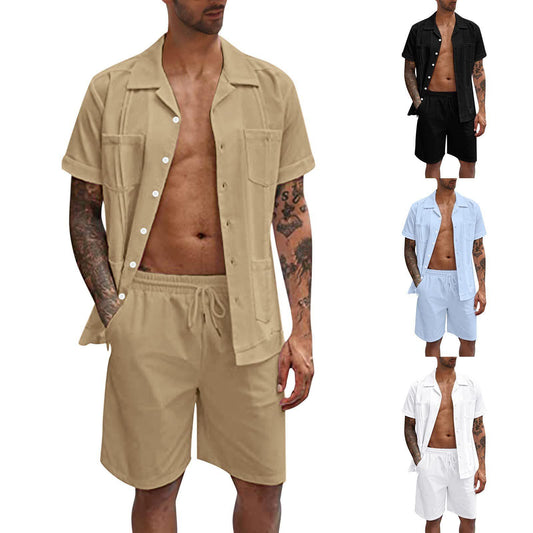 Loose Casual Men's Summer Sports Short Sleeve Shorts Linen Set