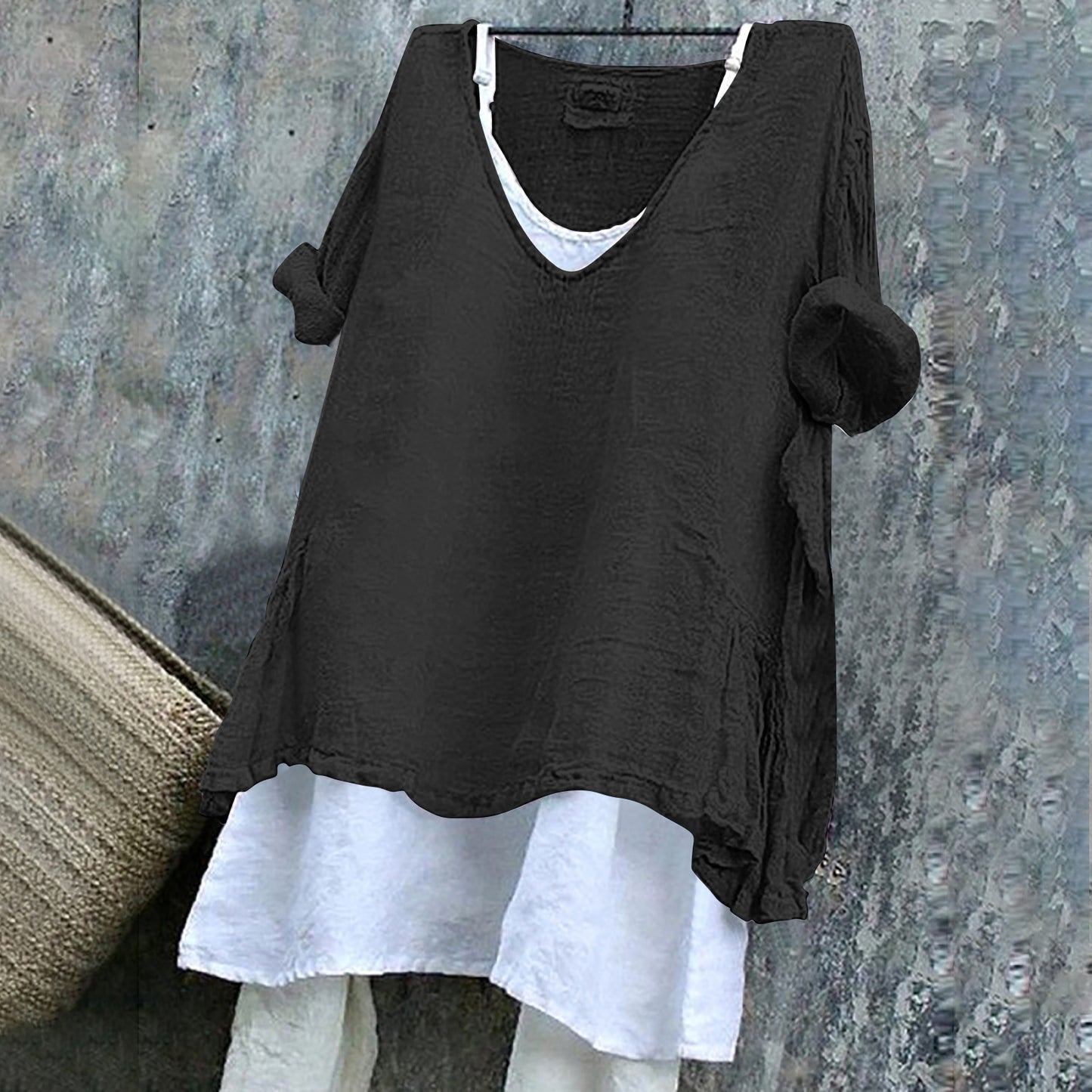 Women's V-neck Short Sleeve Linen Top