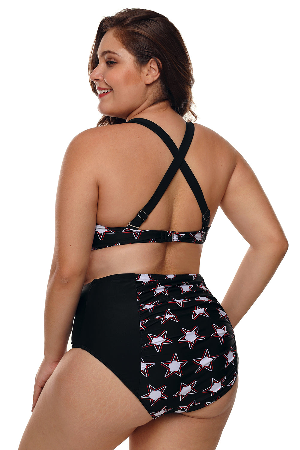 Traje de baño de cintura alta de talla grande con estrellas en color negro de 2 piezas