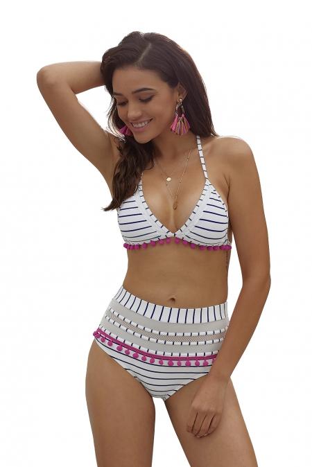 Blue White Striped Pom Pom Mesh Insert High Waist Bikini