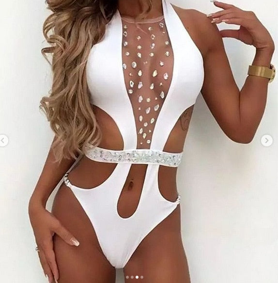 Maillot de bain sexy pour femme, nouveau maillot de bain brillant avec ceinture en strass sur la poitrine