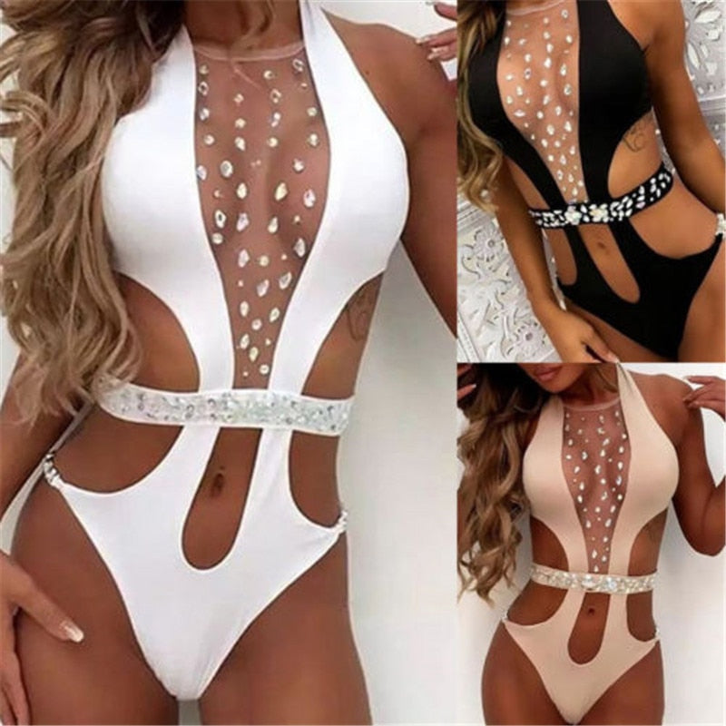 Maillot de bain sexy pour femme, nouveau maillot de bain brillant avec ceinture en strass sur la poitrine