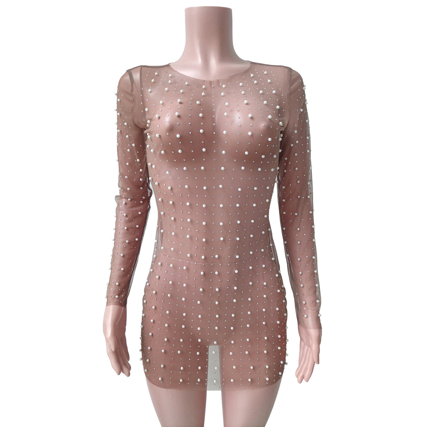 Women's Fashion Light Diamond Foam Mesh Long-sleeved Dress