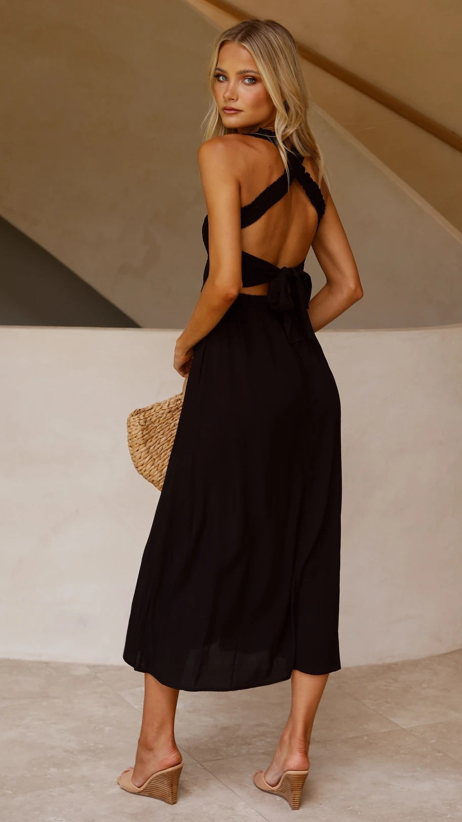 Chic Square Neck Solid Color Maxi Dress with Waist Belt