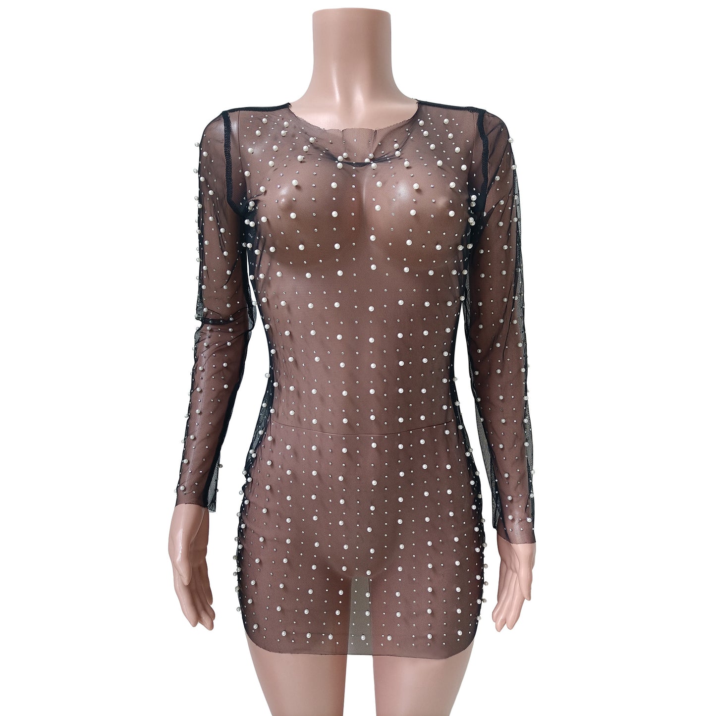 Women's Fashion Light Diamond Foam Mesh Long-sleeved Dress