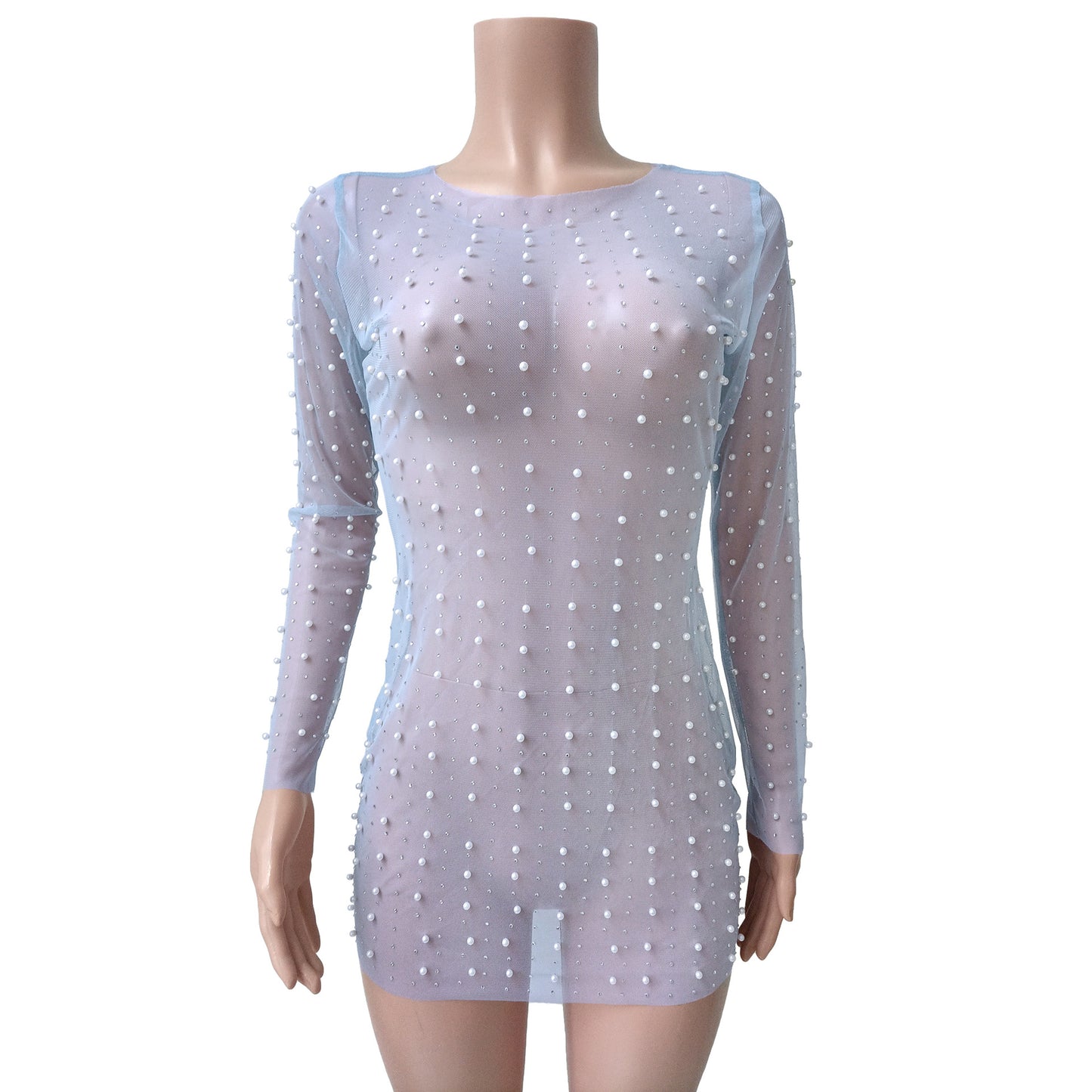 Women's Fashion Light Diamond Foam Mesh Long-sleeved Dress