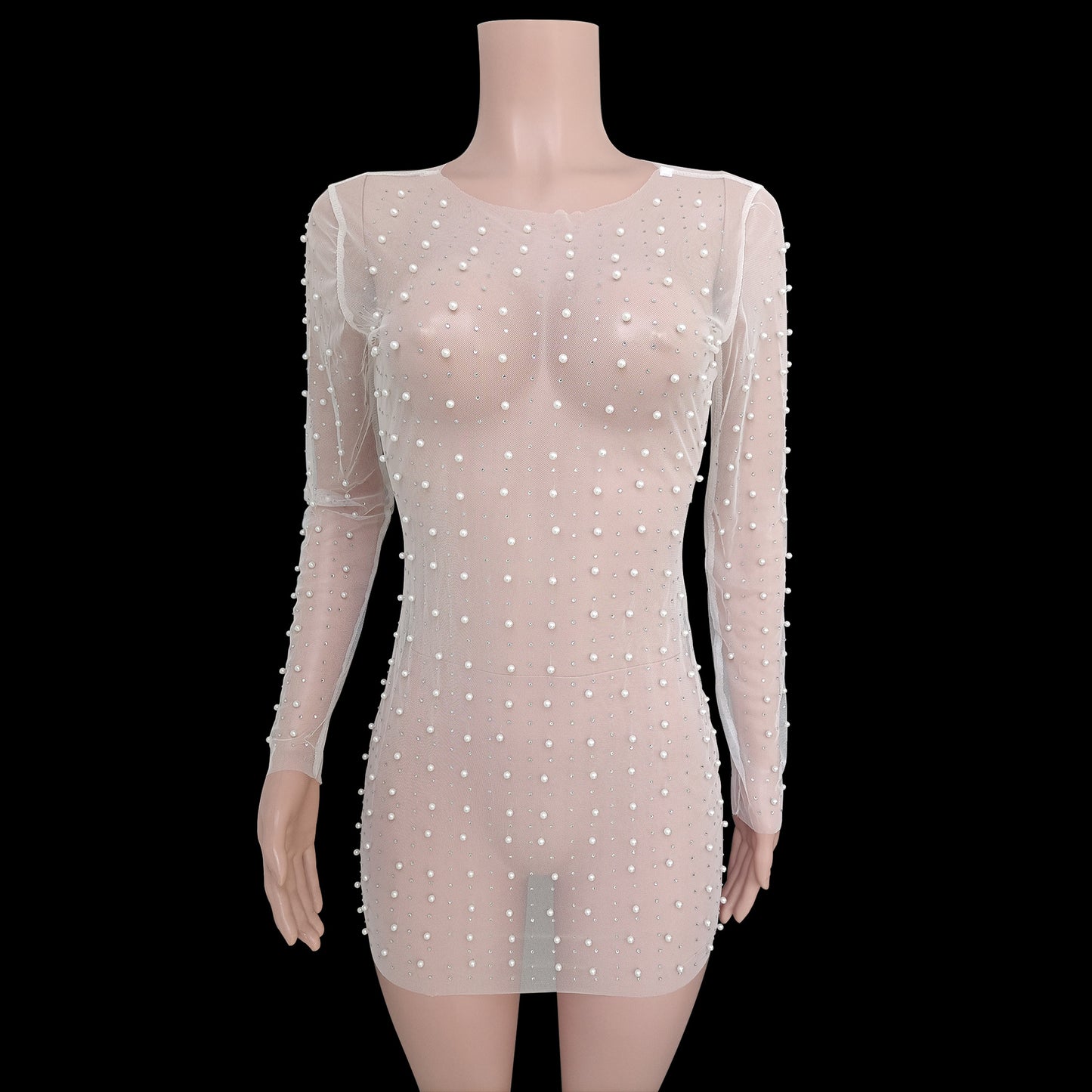 Women's Fashion Light Diamond Foam Mesh Long-sleeved Dress