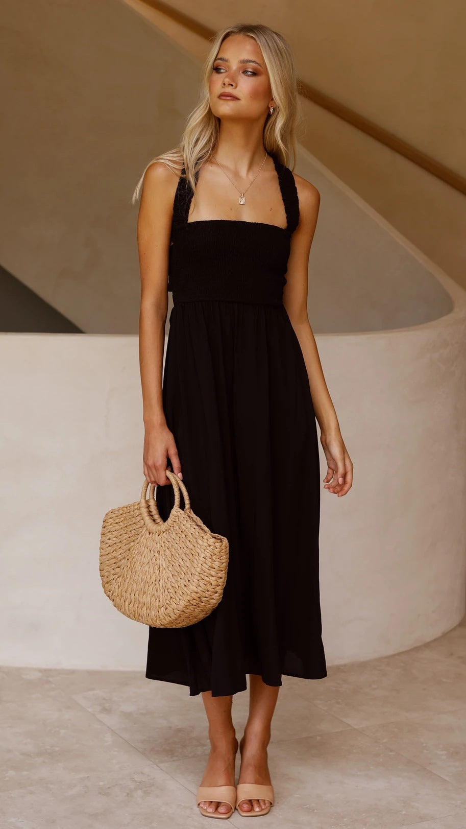 Chic Square Neck Solid Color Maxi Dress with Waist Belt
