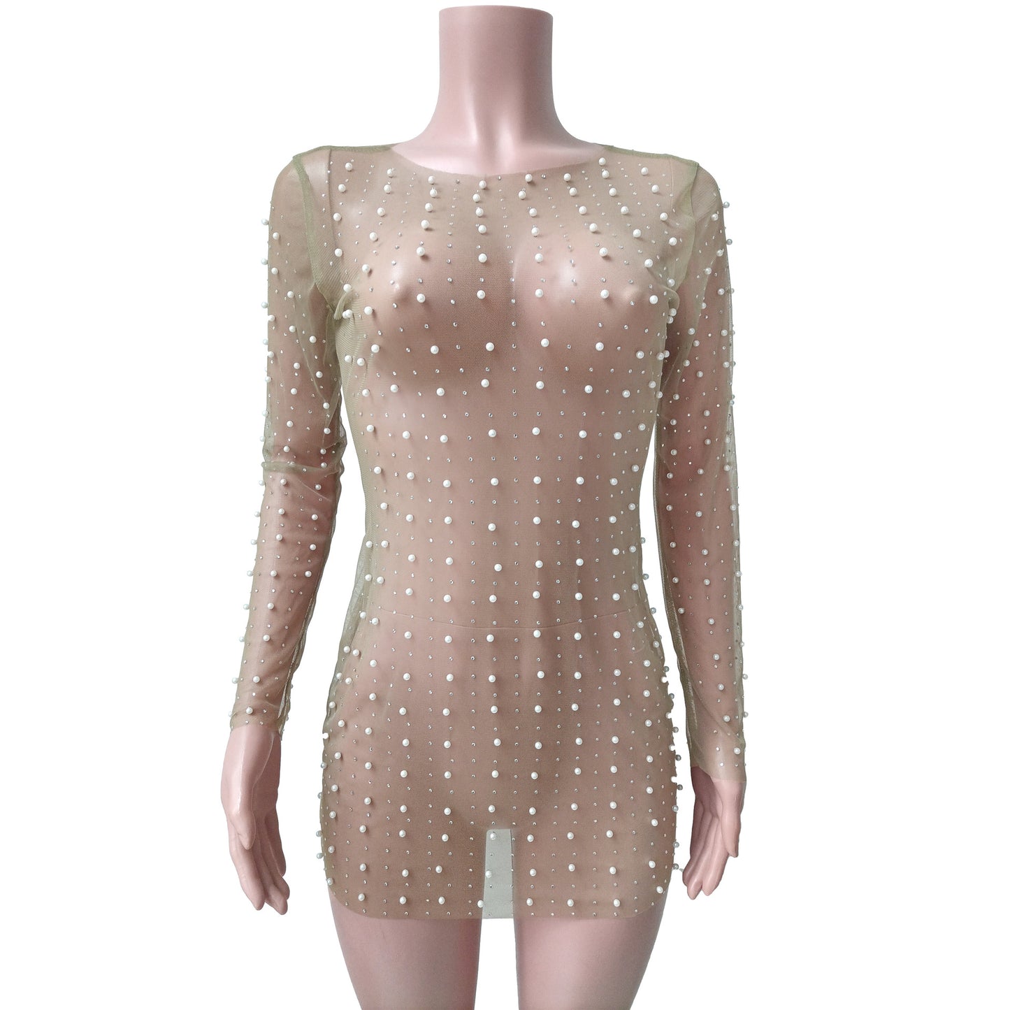 Women's Fashion Light Diamond Foam Mesh Long-sleeved Dress