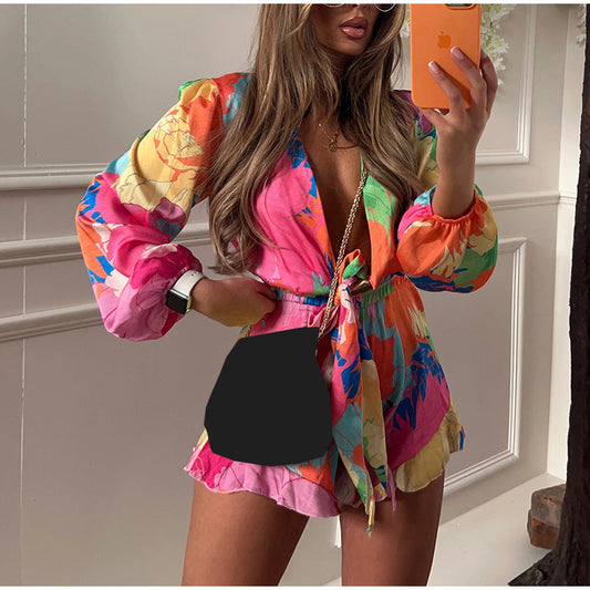Blouses With Prints Two Piece Sets Long Sleeve Tops and Ruffled Shorts