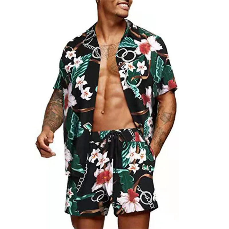 Floral Hawaiian  two piece men beach shorts set