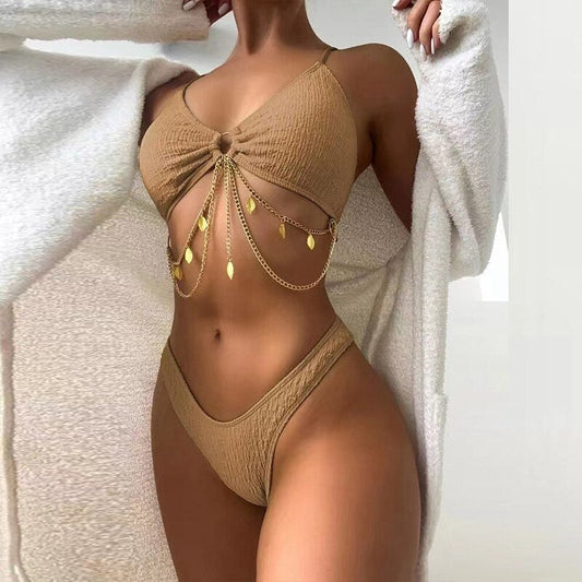 Sexy V Neck Solid Metal Chain Hollow Out Bikini