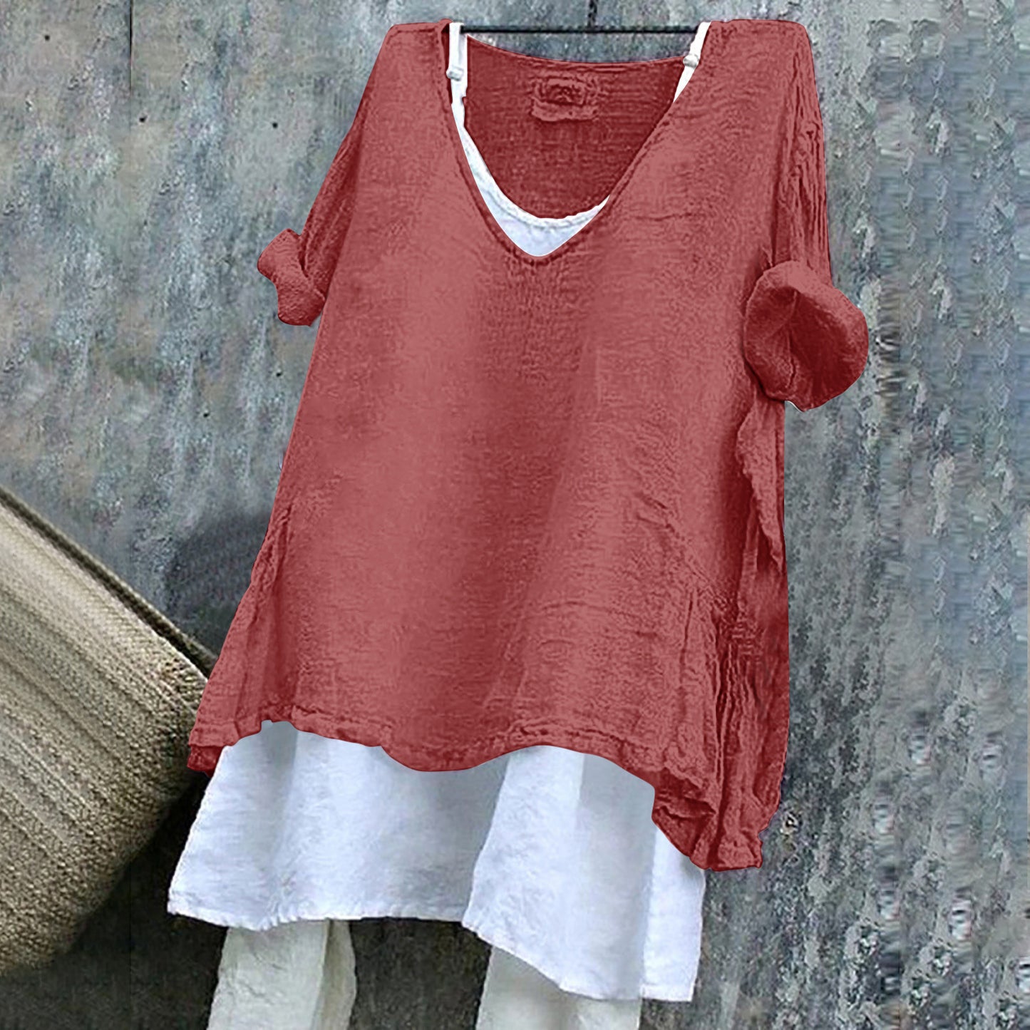Women's V-neck Short Sleeve Linen Top