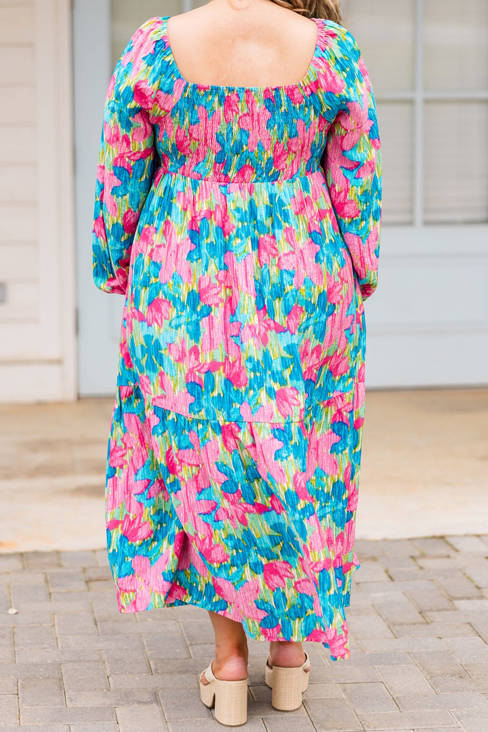 Sky Blue Floral Allover Print Square Neck Plus Size Maxi Dress