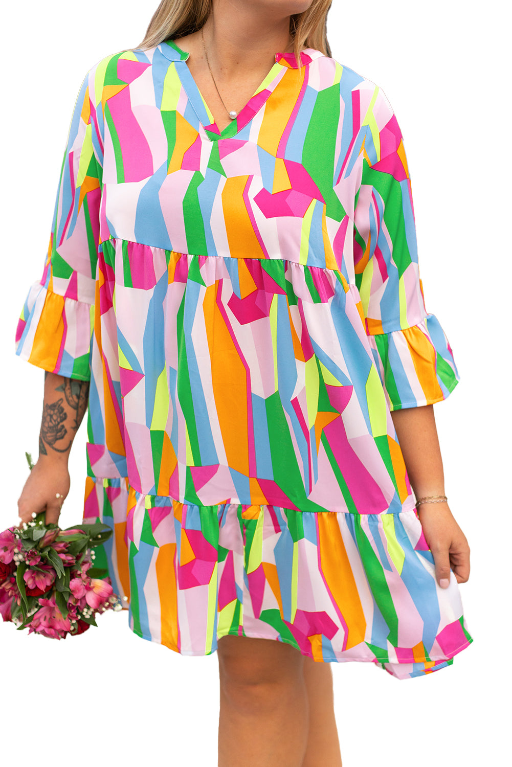 Multicolour Plus Size Vibrant Abstract Print Tiered Ruffle Mini Dress