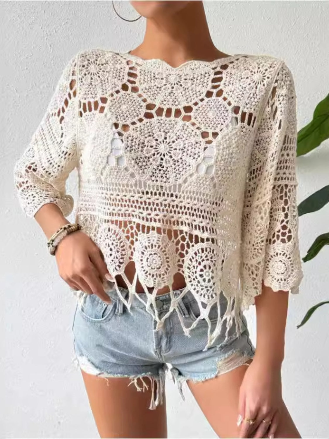 Openwork Round Neck, Mid Sleeve Cover-Up