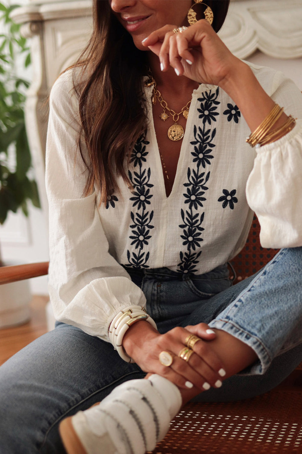 White Floral Embroidered Frill V Neck Puff Sleeve Blouse