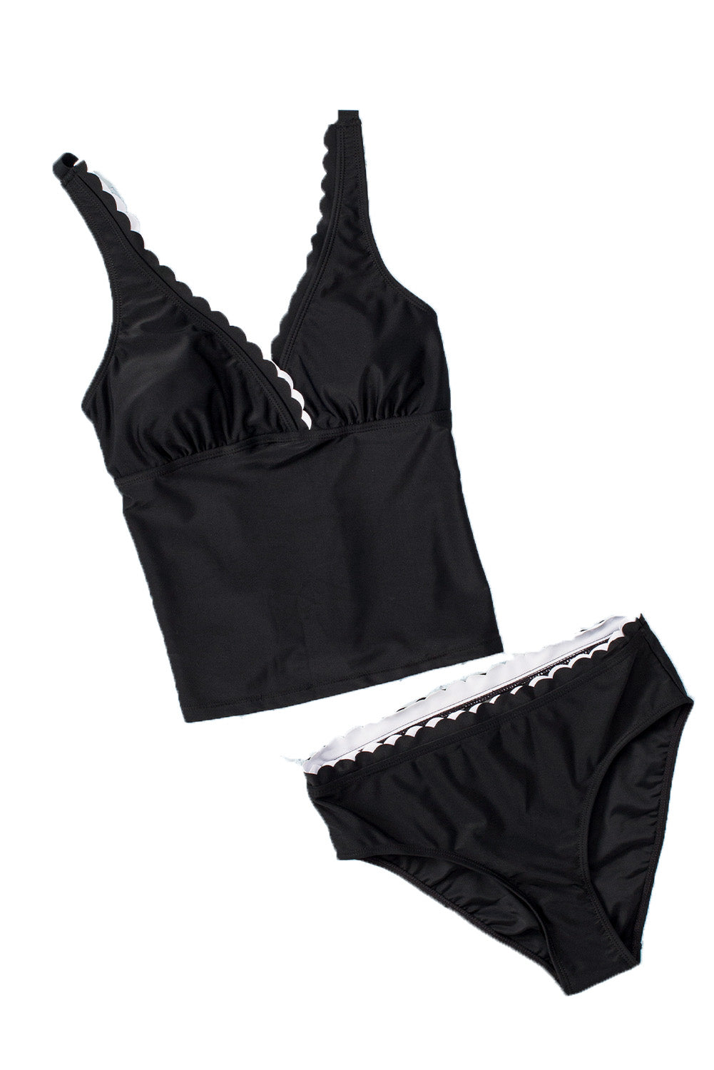 Black/White Scalloped V Neck Tankini Swimsuit