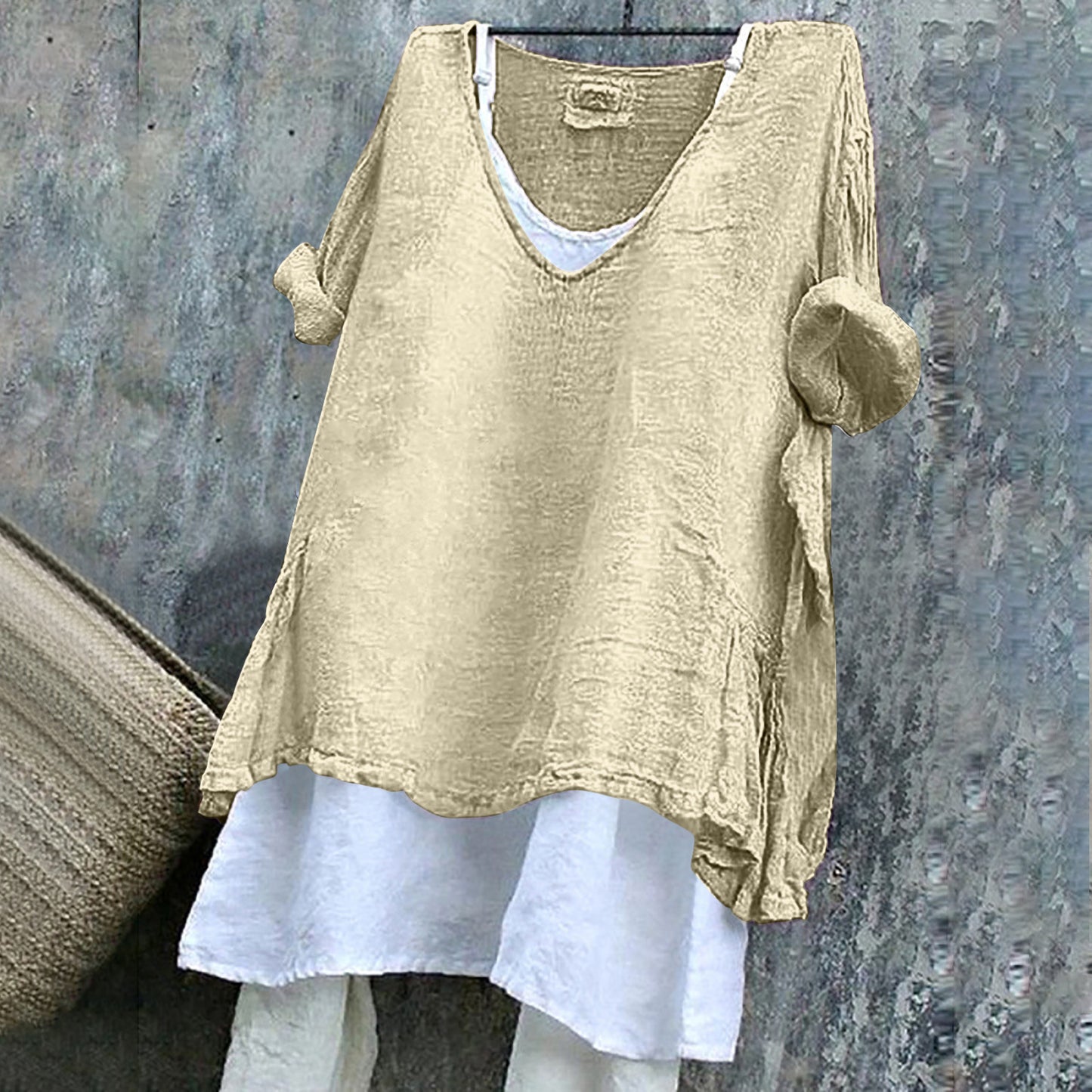 Women's V-neck Short Sleeve Linen Top
