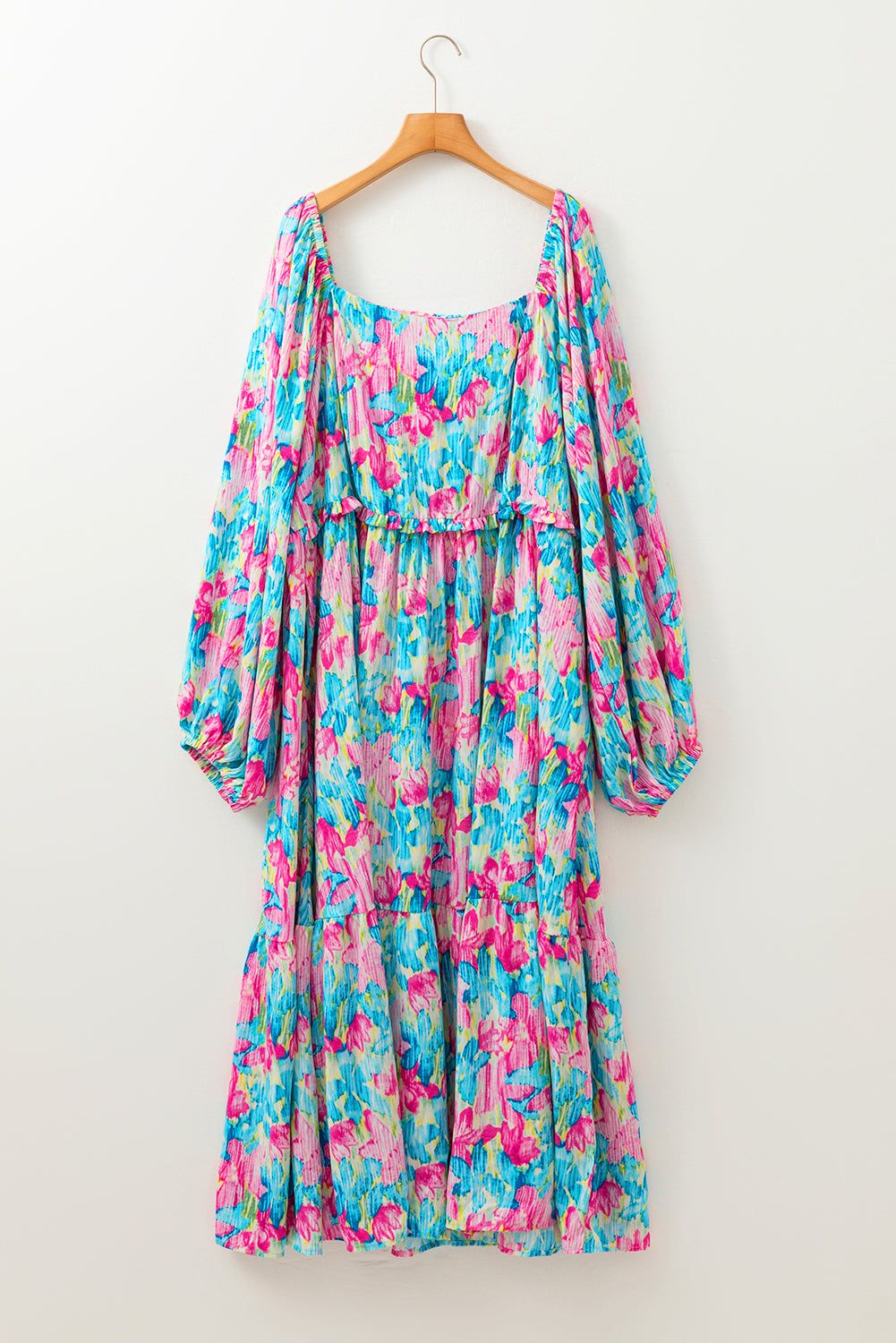 Sky Blue Floral Allover Print Square Neck Plus Size Maxi Dress