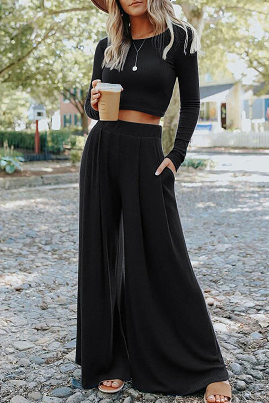 Black Plain Ribbed Crop Top & Wide Leg Pants Two Piece Pants Set