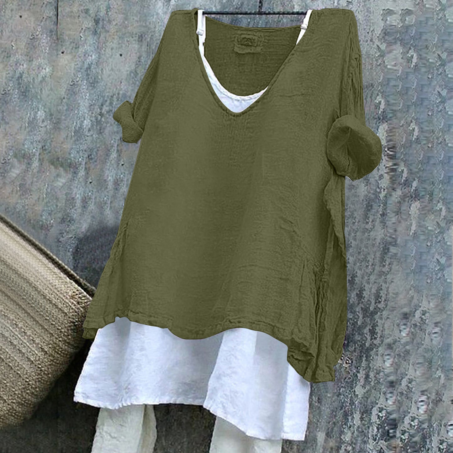 Women's V-neck Short Sleeve Linen Top