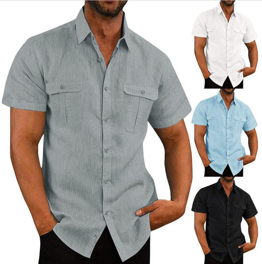 Men's Button Short Sleeve Shirt Summer Casual Double Pocket Wide Collar Beach Shirt Summer