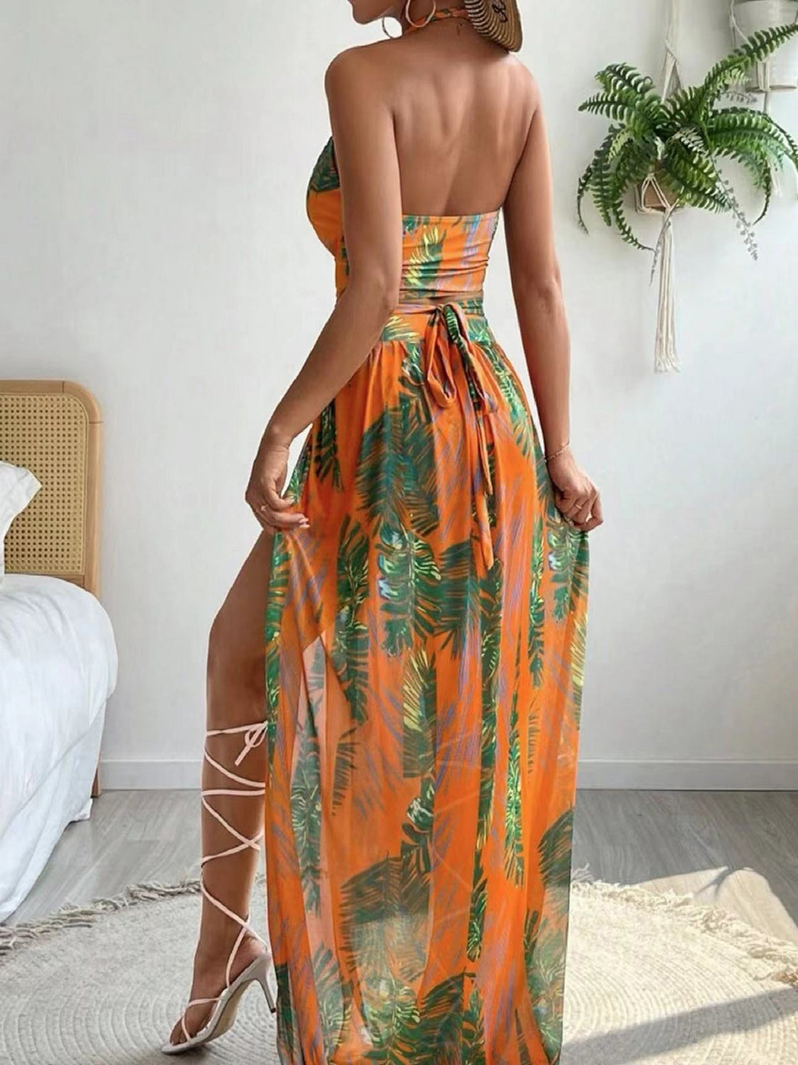 Printed Halter Neck Three-Piece Swim Set