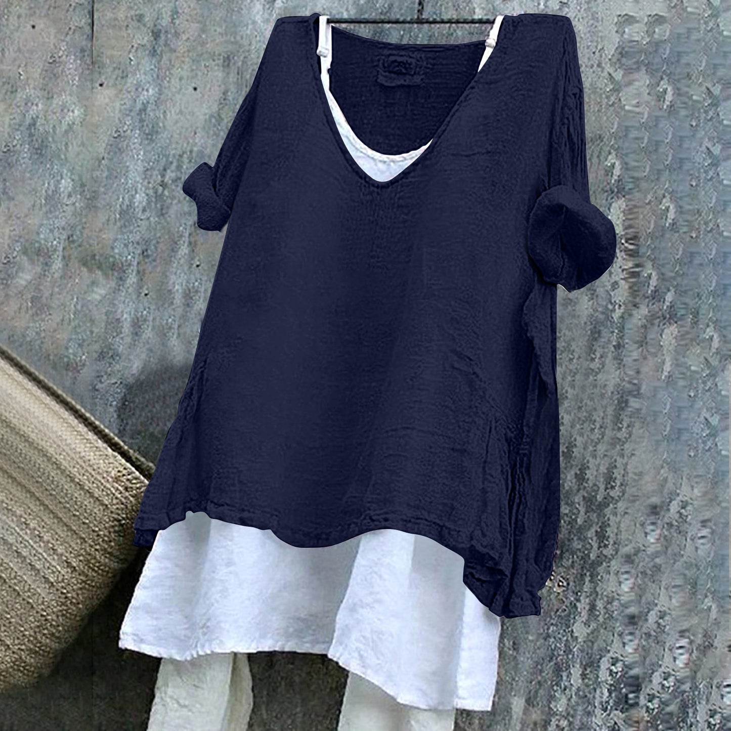 Women's V-neck Short Sleeve Linen Top
