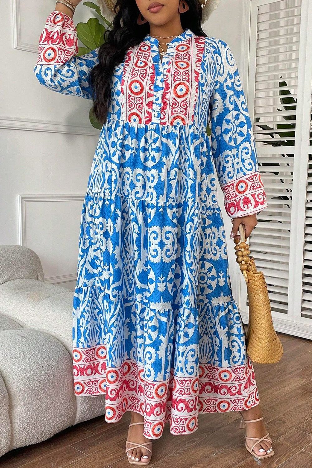 Sky Blue Ethnic Floral Print Notch Neck Plus Size Dress