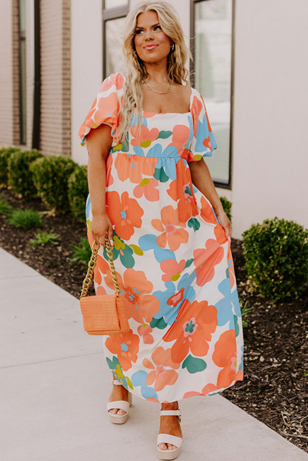 Orange Plus Size Floral Print Square Neck Maxi Dress