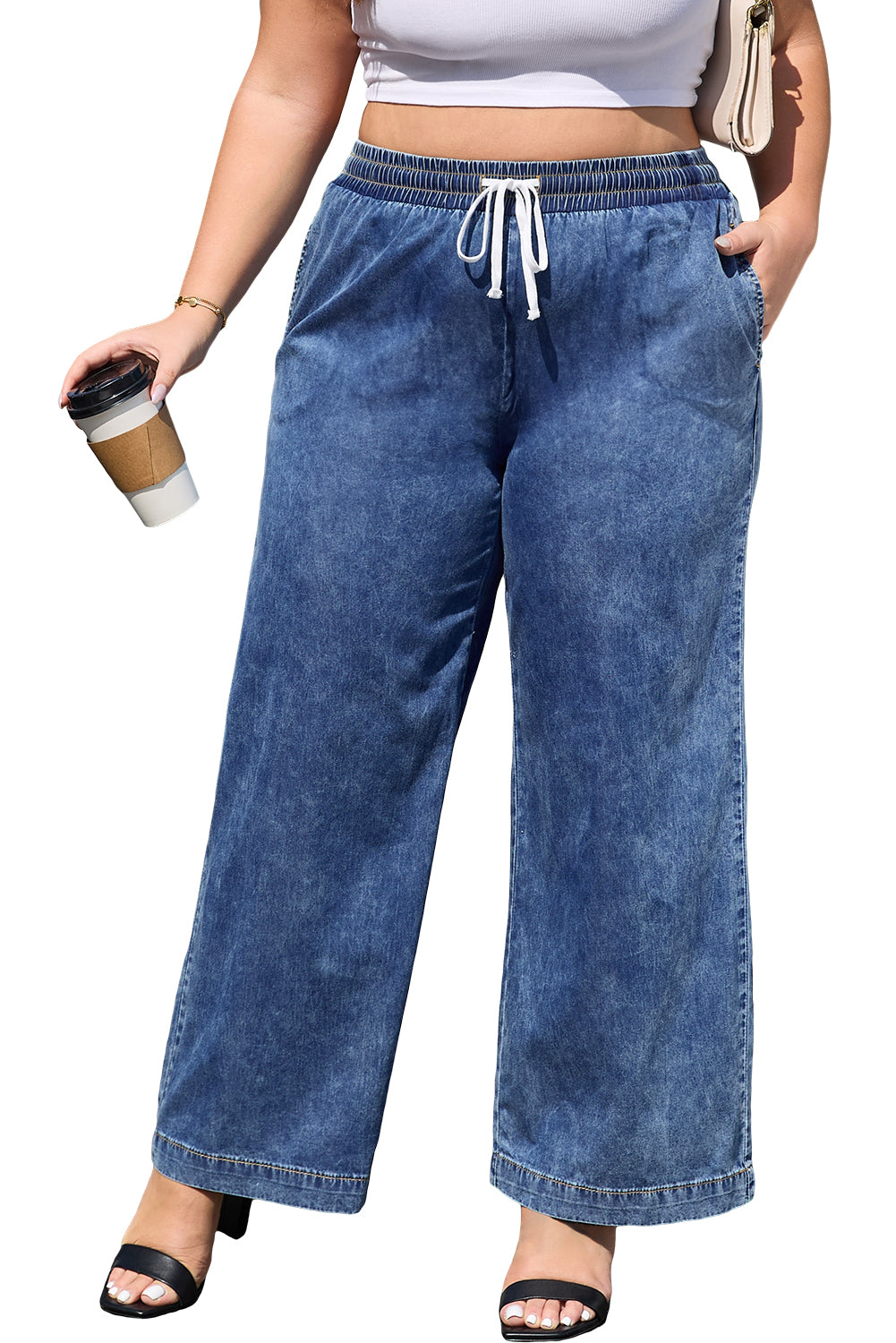 Dusk Blue Drawstring High Waist Plus Size Jeans