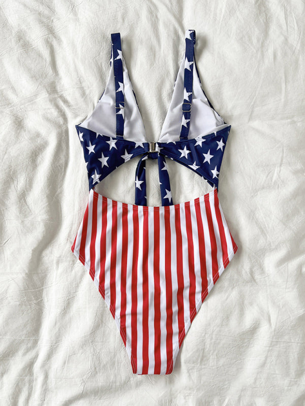 New women's flag striped star straps hollow one-piece bikini