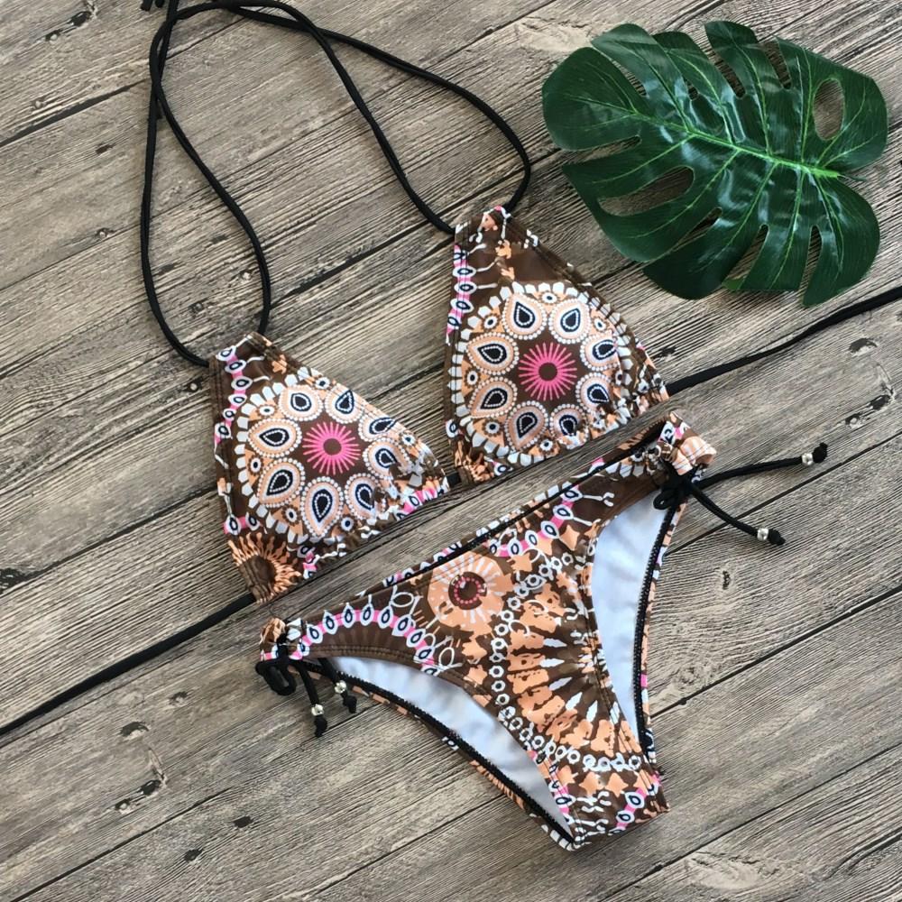 Two Piece Bikini Push Up Geometric Print Lace-up Thong Bikini Swim