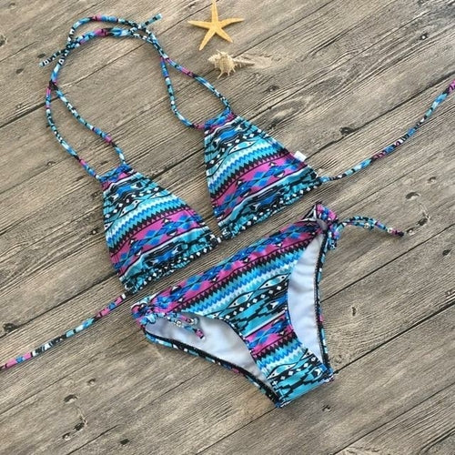 Bikini de dos piezas push up con estampado geométrico y cordones, tanga, bikini de baño