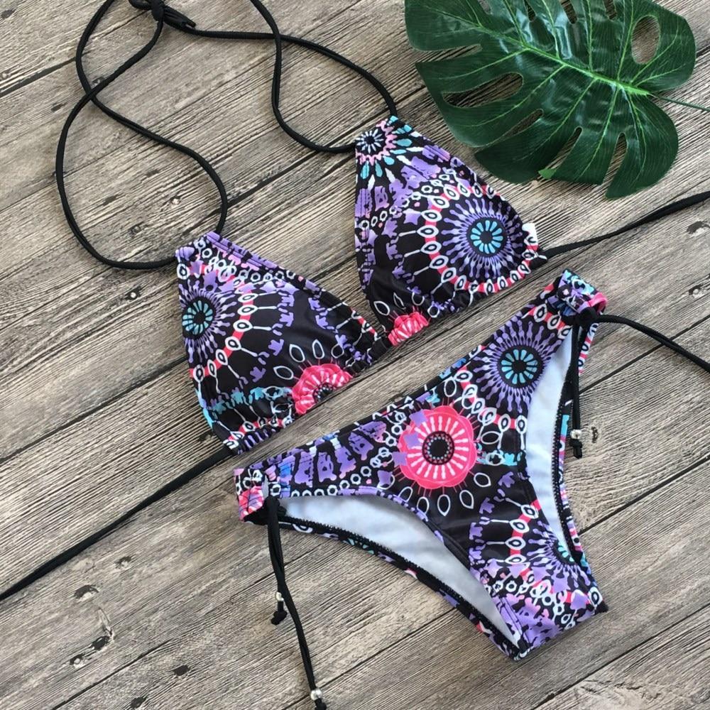 Two Piece Bikini Push Up Geometric Print Lace-up Thong Bikini Swim