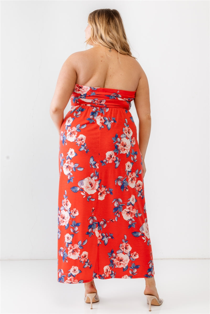 Vestido midi fruncido sin tirantes y con estampado de rosas rojas